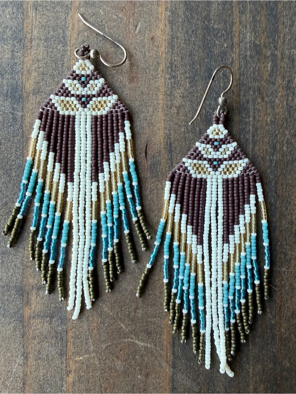 Handmade Beaded Fringe Earrings - Turquoise, Brown & White